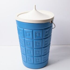 VTG Lustro Ware Blue Plastic Ice Bucket MCM Retro Geometric Pattern w Lid SEE